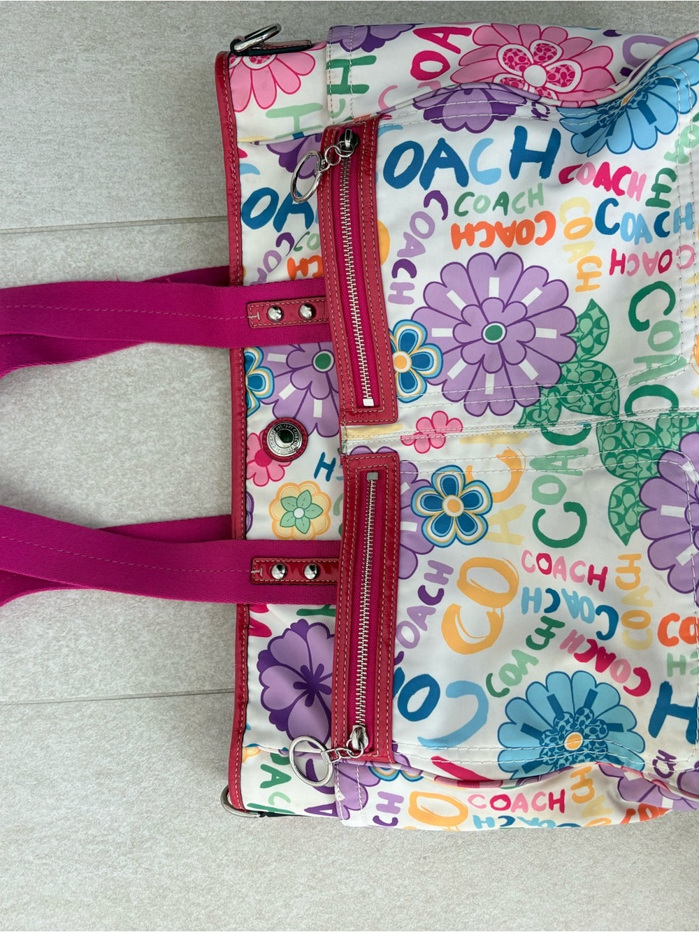 Coach Multicolor Floral Canvas Tote with Pink Handles and Trim